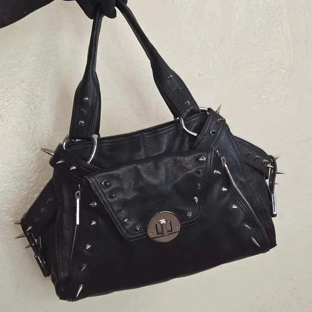 Custom Kooba Black Genuine Leather Shoulder Bag with Goth Studs/Spikes Rare